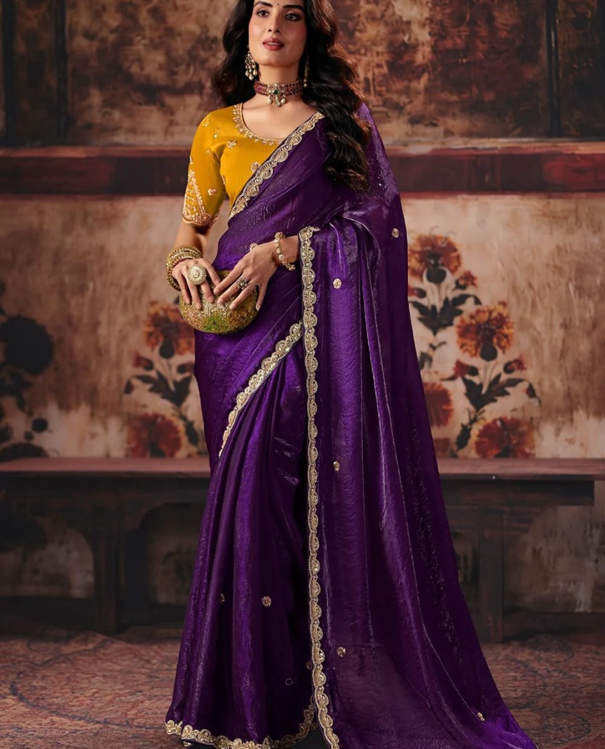 1009 - Purple & Yellow Designer Style Festive Wear Saree